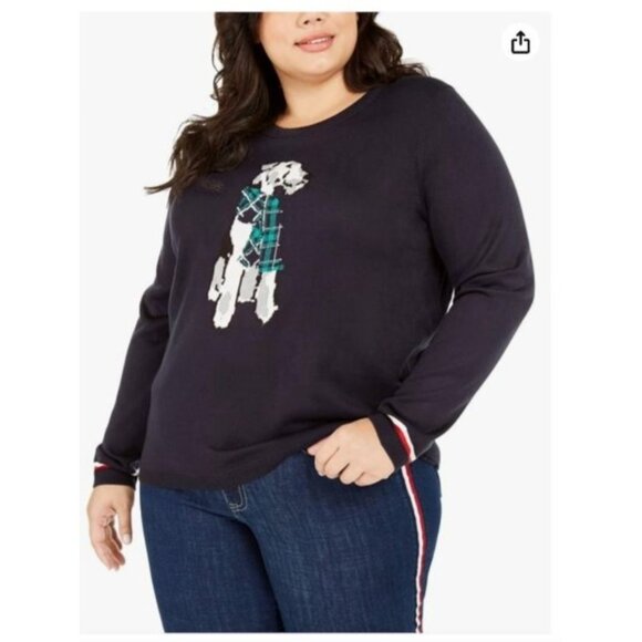 Tommy Hilfiger womens Sweater Dog Graphic size IX Cotton navy blue plus NEW - Picture 1 of 10